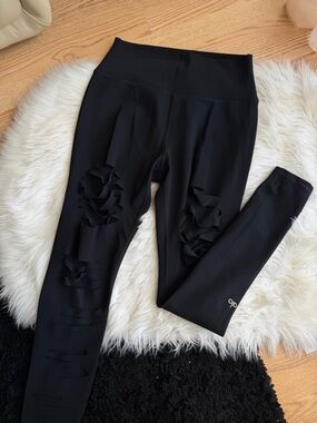 ALO Black Ripped Detail Leggings with Subtle Logo